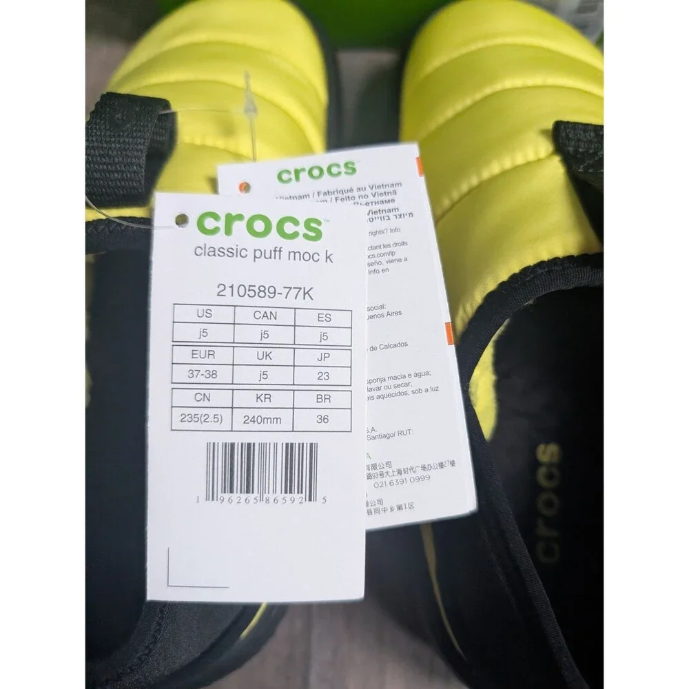 Crocs Classic Puff Moc Plush Clogs Lined Kid's 5 Women's 6.5 Yellow & Black